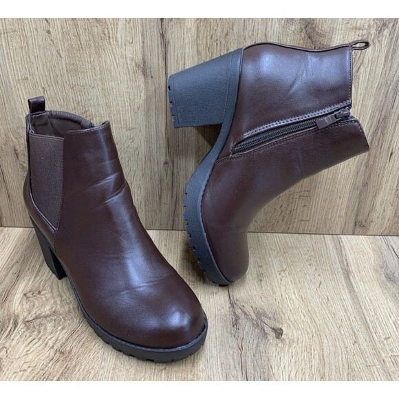 Top Moda Women’s Chunky Lugged Platform Boots Brown Side Zip Comfort Chelsea 8.5 - Picture 1 of 16
